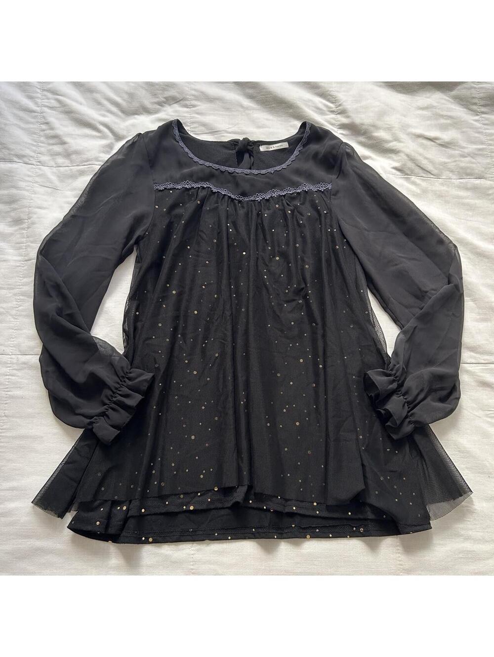 Axes Femme Black Tulle Tunic Blouse Lace Gold Dot Sheer Sleeve M Japan